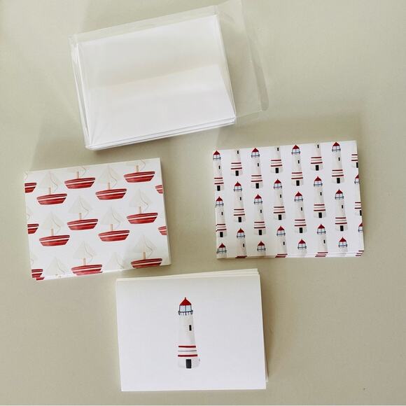 NEW ANTHROPOLOGIE White Red Illustrated Lighthouses Nautical Card Notecards s/ - Picture 3 of 5